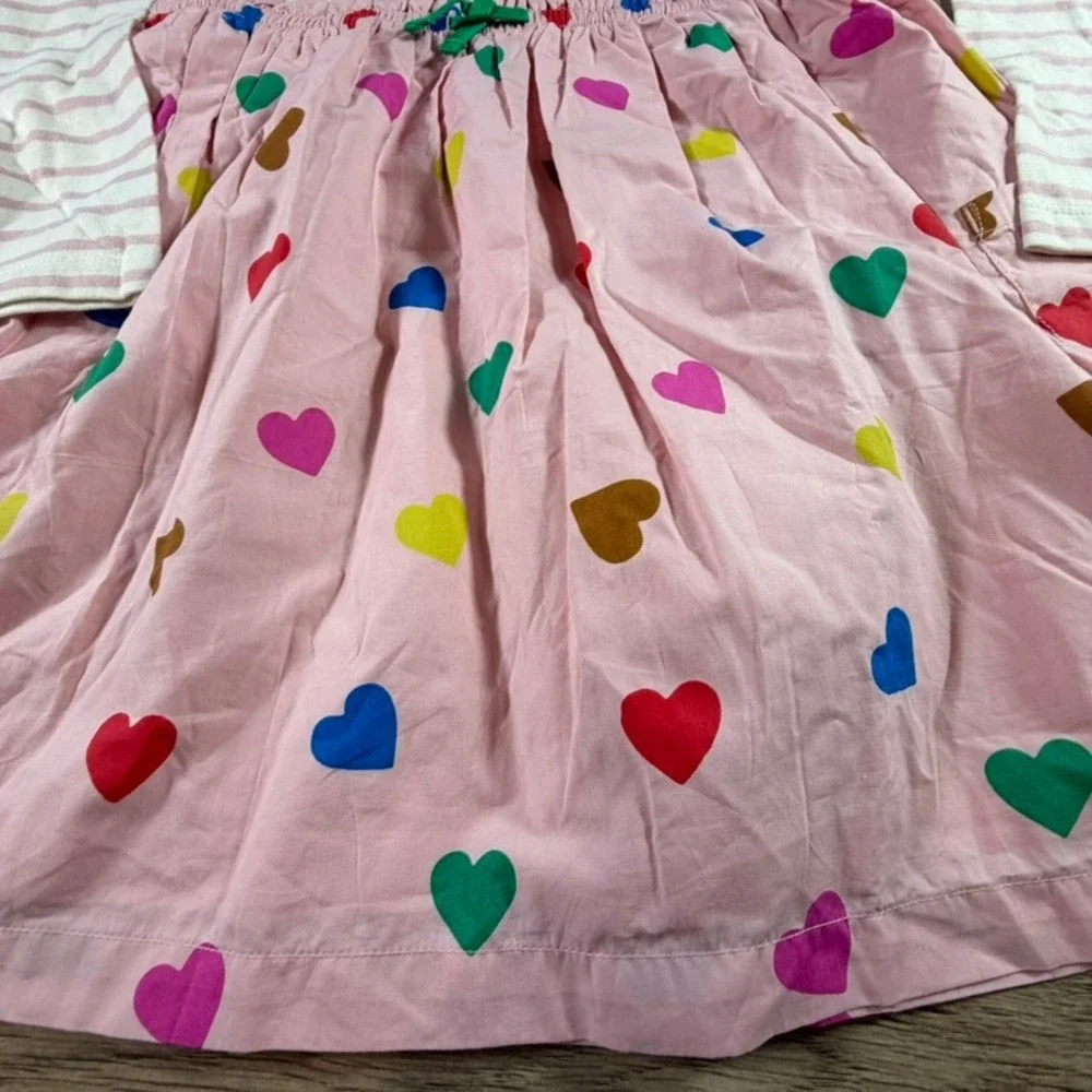 Mini Boden Girls Pink Striped Heart Print Long Sleeve Mixed Media Dress 7/8